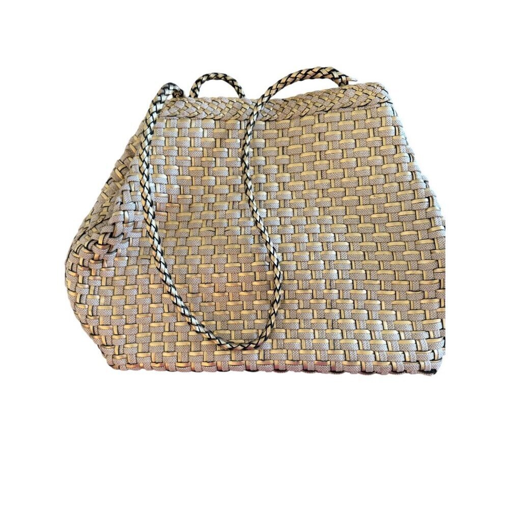 L.J.S. Collection Womens Tote Bag Gold Beige All-Over Woven Pattern Vintage